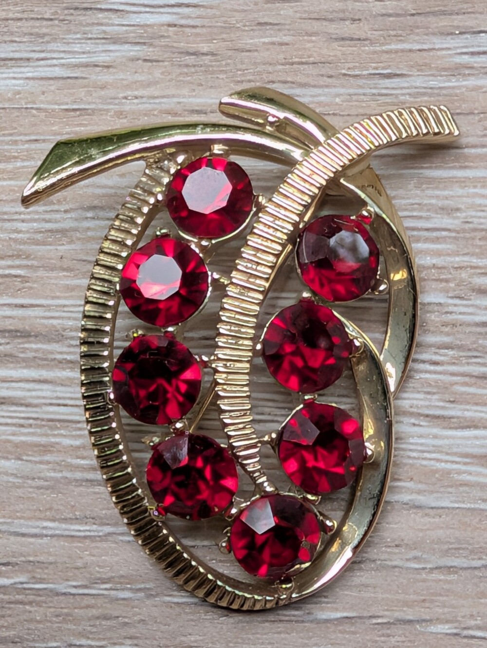 Vintage Kramer Leaf Brooch With An Arrangement Of Ruby Red Rhinestones